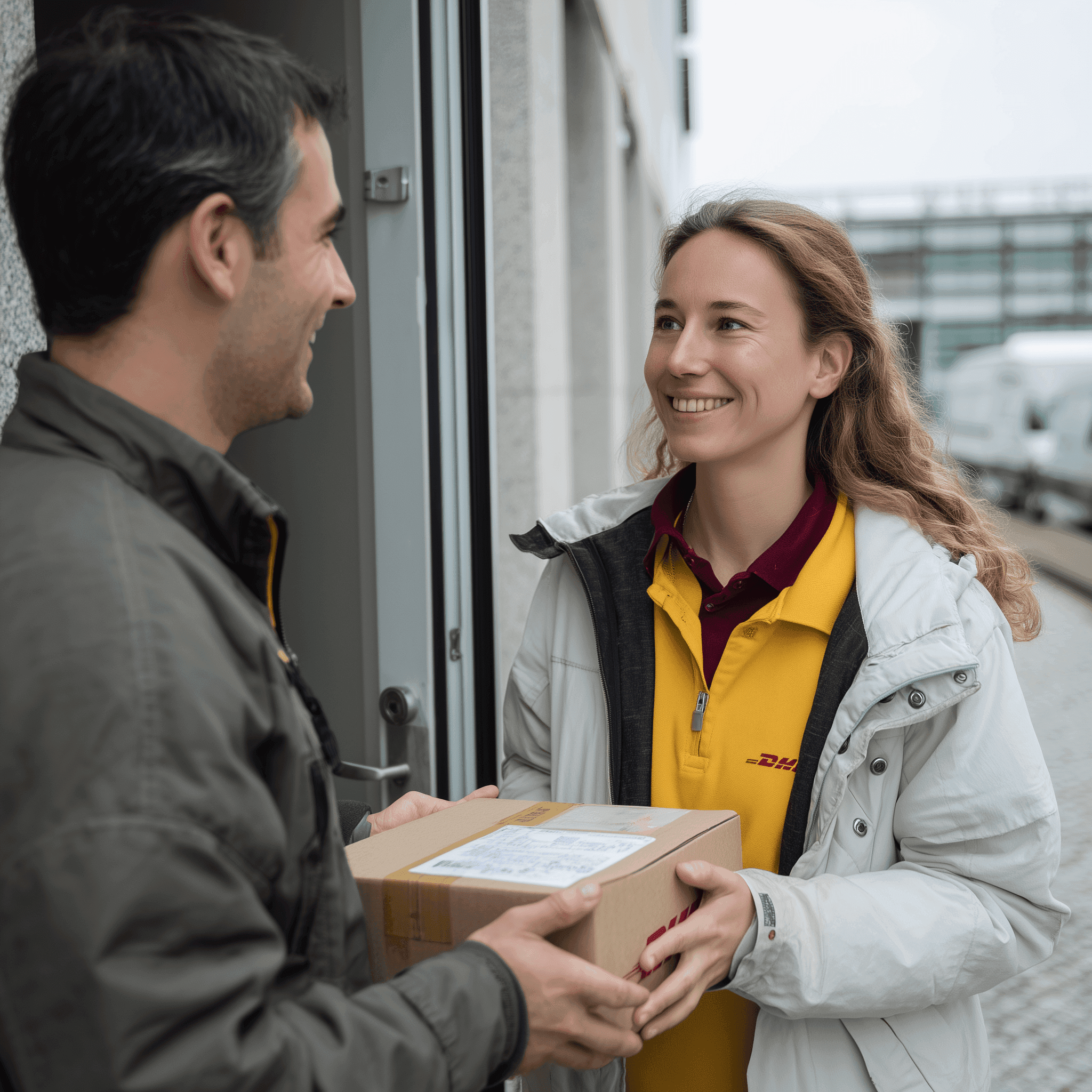 Frau überreicht Mann ein Paket.